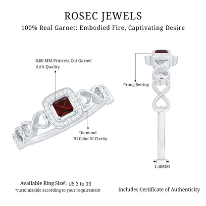 Real Princess Cut Garnet Diamond Engagement Ring with Infinity Heart Shank