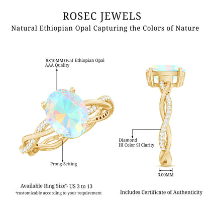 1.3 Carat Real Ethiopian Rainbow Opal Engagement Ring with Diamond Braided Shank