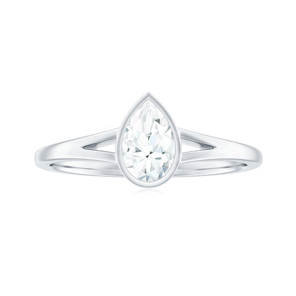 Bezel Set Pear Shaped Moissanite Promise Ring in Split Shank