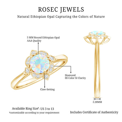 Real Ethiopian Opal Vintage Looking Engagement Ring with Diamond