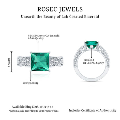 Certified 2.4 Carat Princess Cut Lab Grown Emerald Filigree Engagement Ring