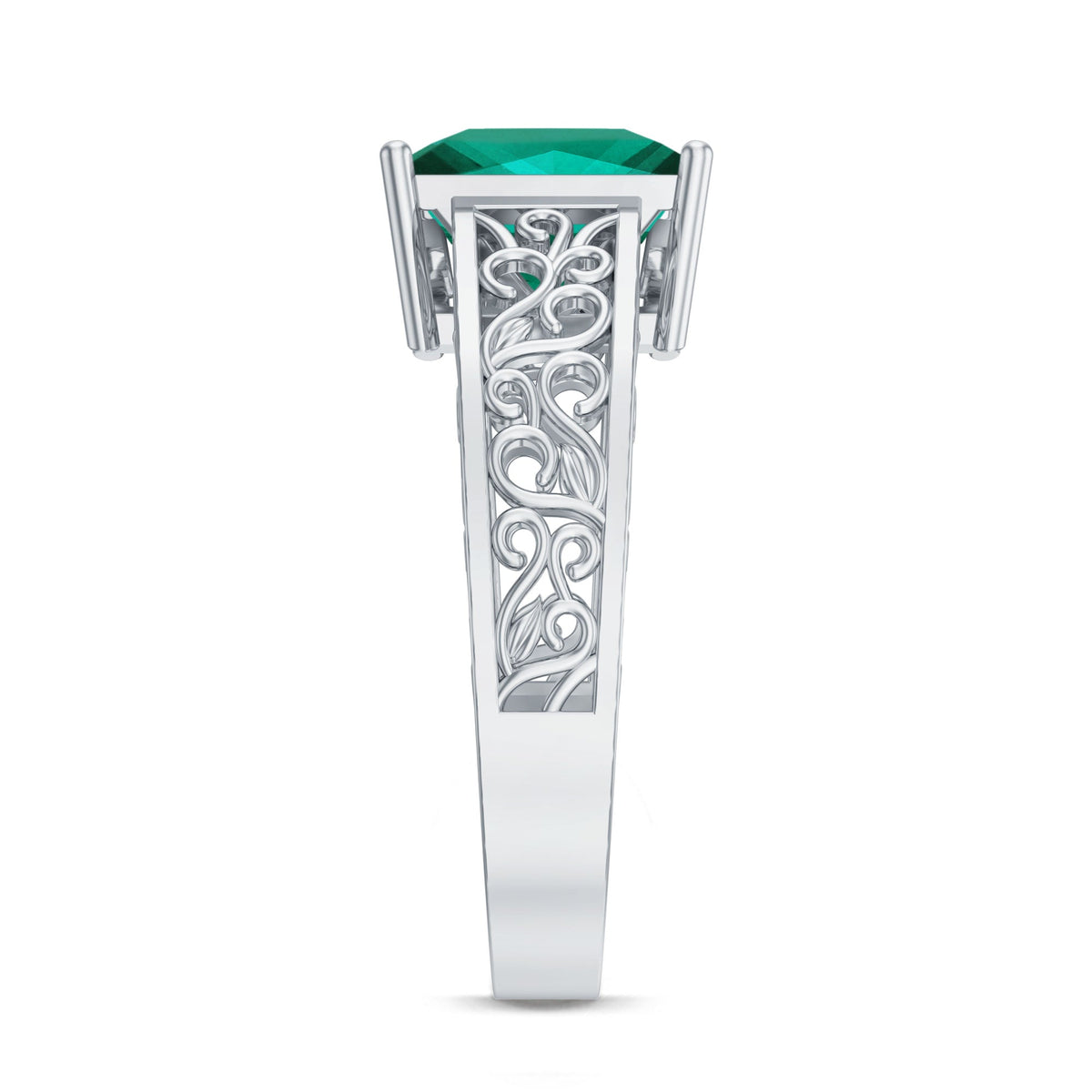 Certified 2.4 Carat Princess Cut Lab Grown Emerald Filigree Engagement Ring