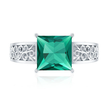 Certified 2.4 Carat Princess Cut Lab Grown Emerald Filigree Engagement Ring