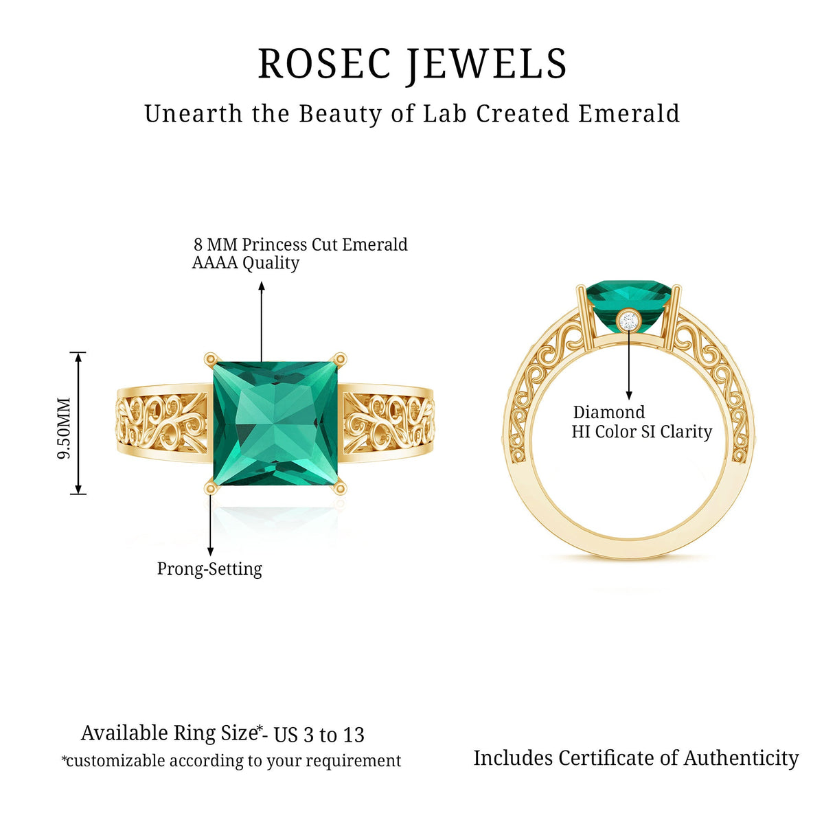 Certified 2.4 Carat Princess Cut Lab Grown Emerald Filigree Engagement Ring