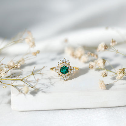 Lab Grown Emerald and Diamond Vintage Engagement Ring in Silver