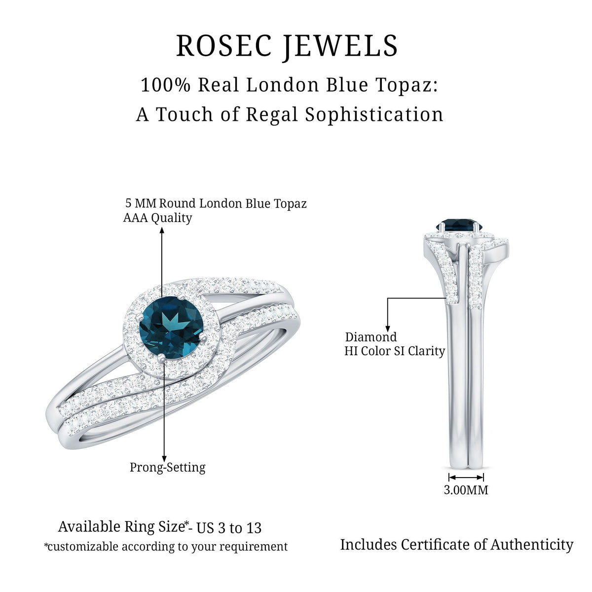 Certified London Blue Topaz and Diamond Halo Wedding Ring Set