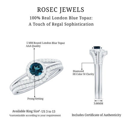 Certified London Blue Topaz and Diamond Halo Wedding Ring Set