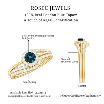 Certified London Blue Topaz and Diamond Halo Wedding Ring Set