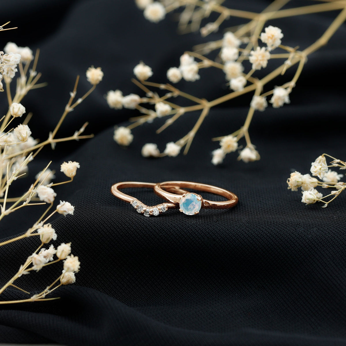 Minimal Ethiopian Opal Diamond Promise Ring Set