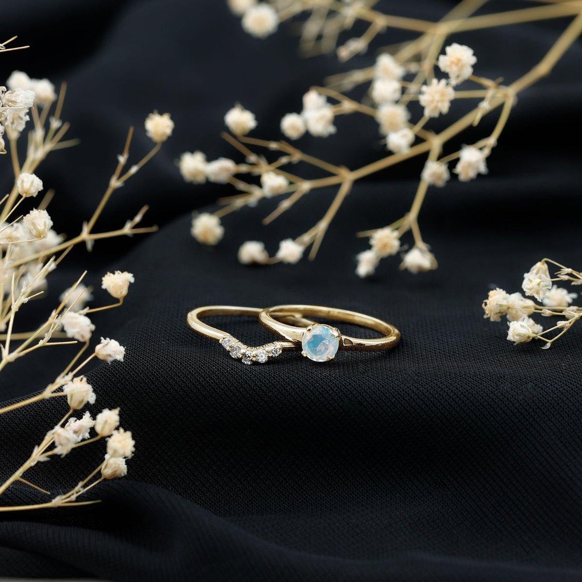 Minimal Ethiopian Opal Diamond Promise Ring Set