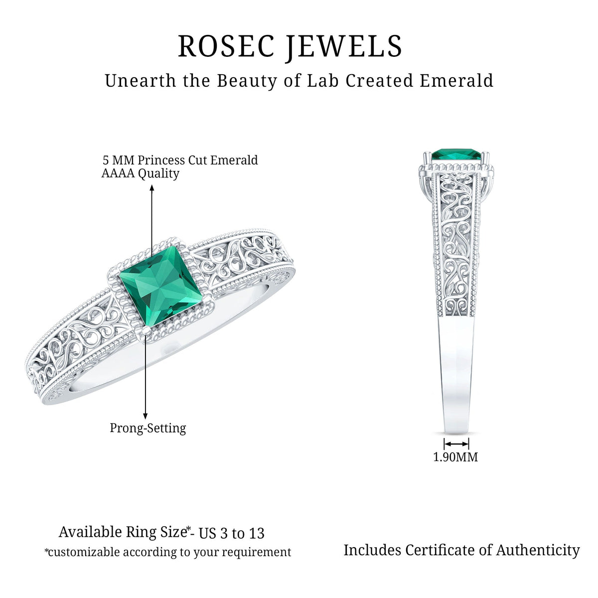 Vintage Inspired Princess Cut Lab Grown Emerald Promise Ring with Filigree Details