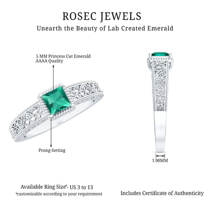 Vintage Inspired Princess Cut Lab Grown Emerald Promise Ring with Filigree Details