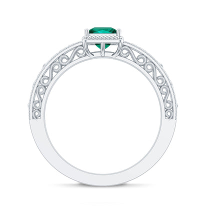 Vintage Inspired Princess Cut Lab Grown Emerald Promise Ring with Filigree Details
