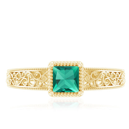 Vintage Inspired Princess Cut Lab Grown Emerald Promise Ring with Filigree Details