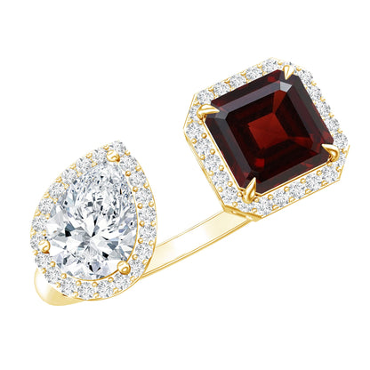 Natural Garnet Toi Et Moi Engagement Ring with Moissanite in Yellow Gold Plated Silver