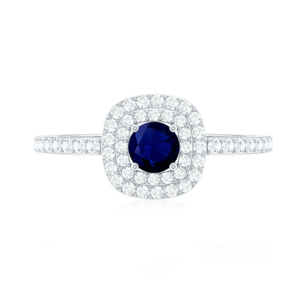 0.4 Carat Classic Blue Sapphire Double Halo Engagement Ring with Diamond