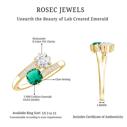 Lab Created Emerald and Moissanite Two Stone Engagement Ring in Silver