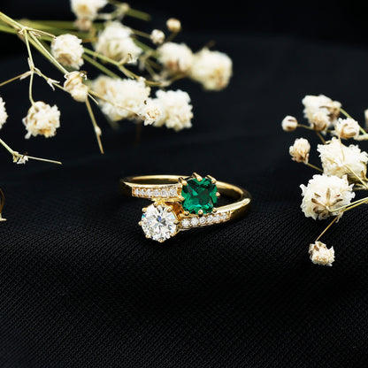 Lab Created Emerald and Moissanite Two Stone Engagement Ring in Silver