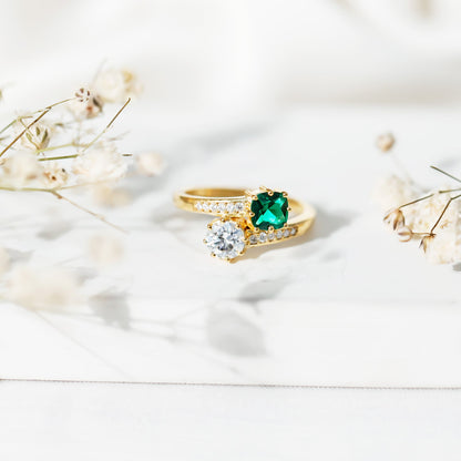 Lab Created Emerald and Moissanite Two Stone Engagement Ring in Silver
