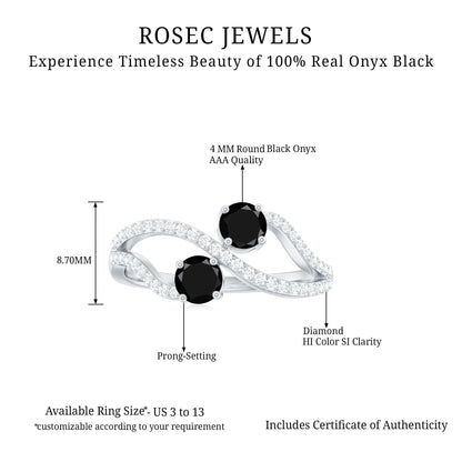 Natural Black Onyx 2 Stone Promise Ring with Diamond