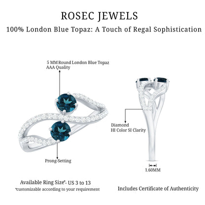 Natural London Blue Topaz 2 Stone Promise Ring with Diamond