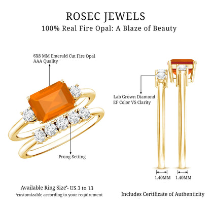 1 Carat Emerald Cut Fire Opal and Diamond Engagement Ring with Enhancer