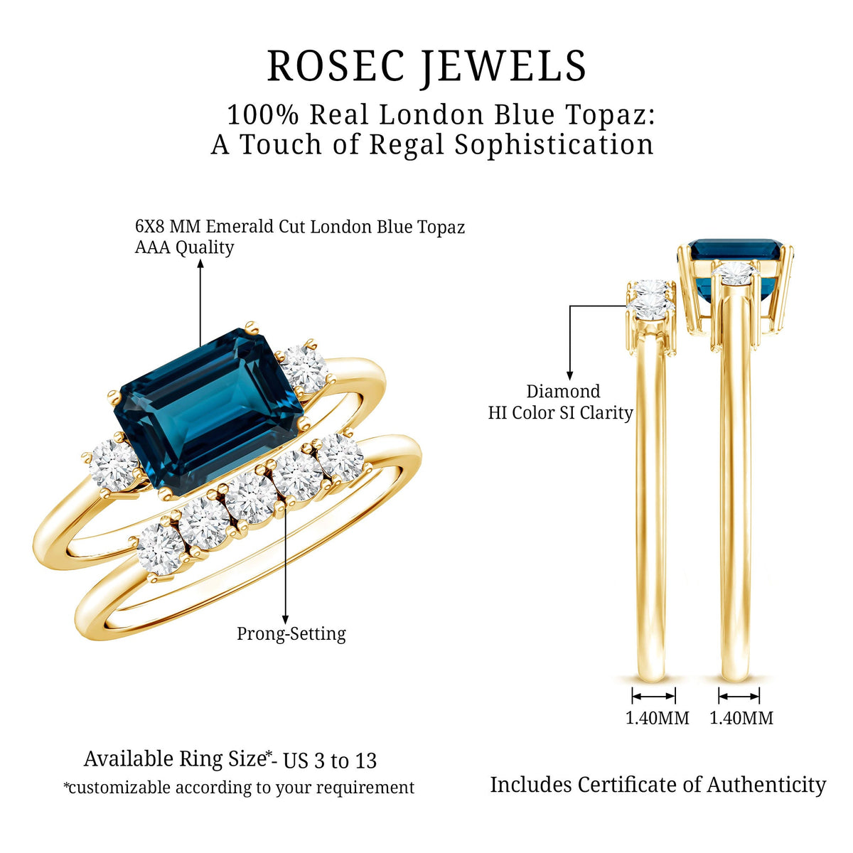 Genuine Emerald Cut London Blue Topaz Engagement Ring with Diamond Wedding Band