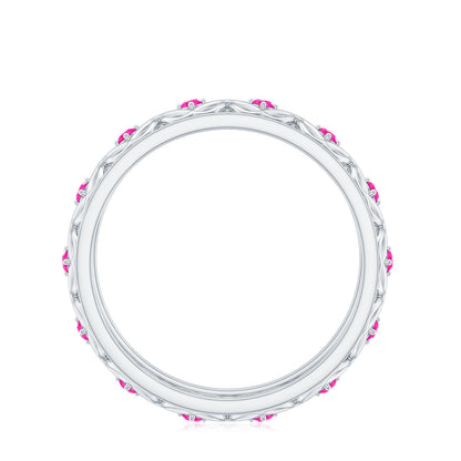 Lab Created Pink Sapphire Wedding Band with Celtic Details