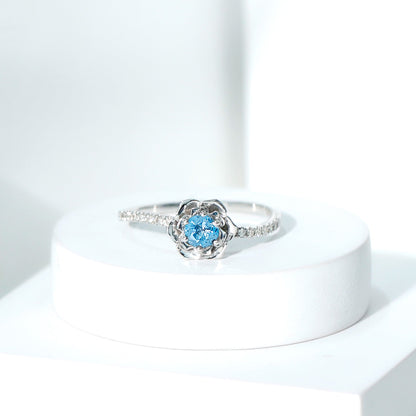 0.6 Carat Round London Blue Topaz Floral Engagement Ring with Diamond