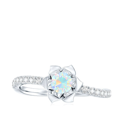 Natural Ethiopian Opal Floral Engagement Ring with Diamond Side Stones