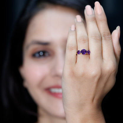 Natural Amethyst 3 Stone Engagement Ring for Women