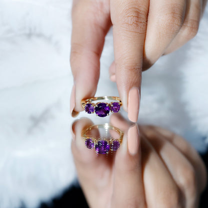 Natural Amethyst 3 Stone Engagement Ring for Women