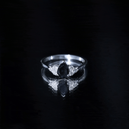 Pear Shaped Black Onyx Engagement Ring with Real Diamond Trio