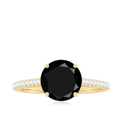 Round Cut Black Onyx Engagement Ring with Diamond Side Stones