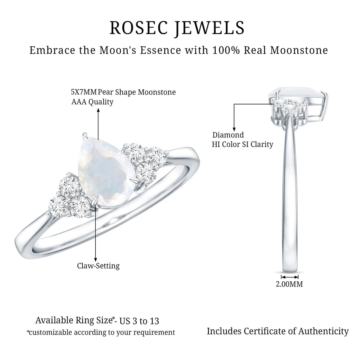 Pear Shape Moonstone Solitaire Ring with Diamond Trio