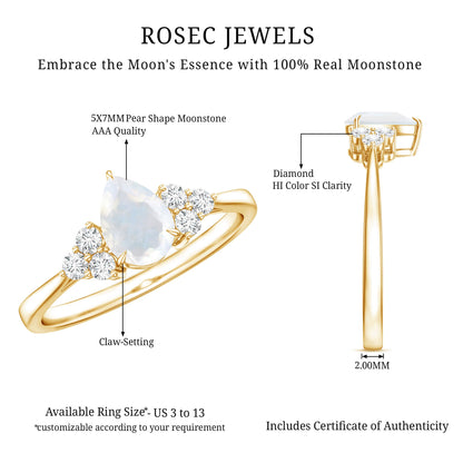 Pear Shape Moonstone Solitaire Ring with Diamond Trio