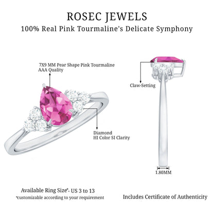 1.6 Carat Natural Pink Tourmaline Teardrop Engagement Ring with Diamond Trio