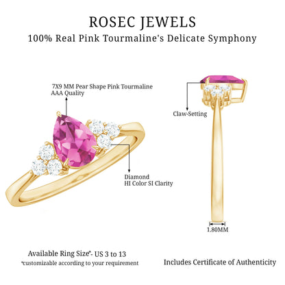 1.6 Carat Natural Pink Tourmaline Teardrop Engagement Ring with Diamond Trio