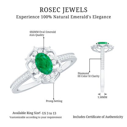Vintage Style Emerald and Diamond Oval Engagement Ring