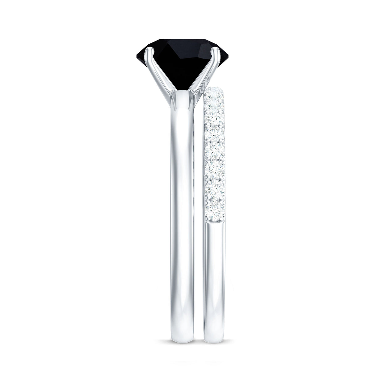 Natural 2 Carat Black Onyx Solitaire Engagement Rings with Diamond Enhancer