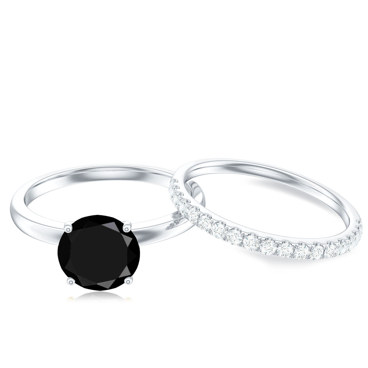 Natural 2 Carat Black Onyx Solitaire Engagement Rings with Diamond Enhancer