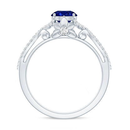 1 Carat Lab Grown Blue Sapphire Engagement Ring with Diamond Crossover Shank