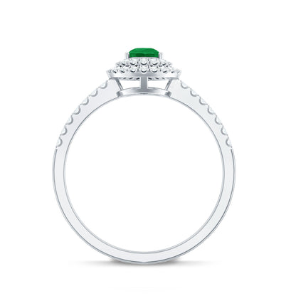 Natural Emerald Teardrop Engagement Ring with Diamond Double Halo