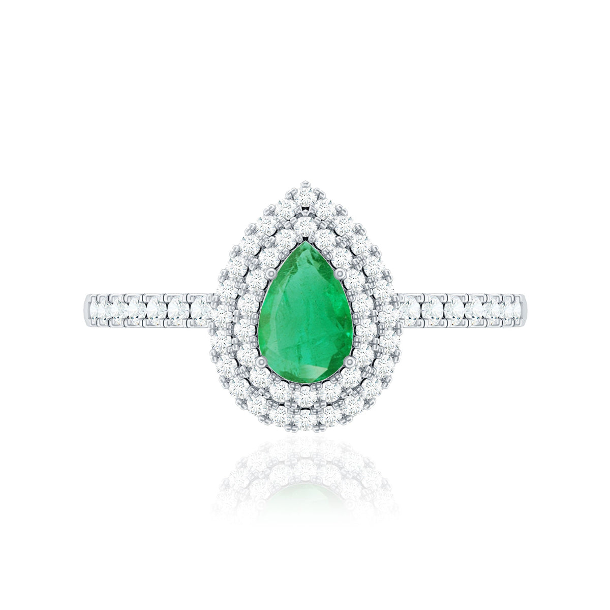 Natural Emerald Teardrop Engagement Ring with Diamond Double Halo