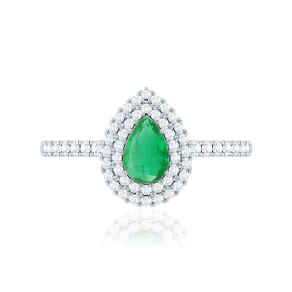Natural Emerald Teardrop Engagement Ring with Diamond Double Halo