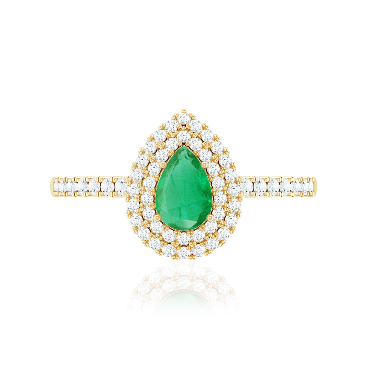 Natural Emerald Teardrop Engagement Ring with Diamond Double Halo