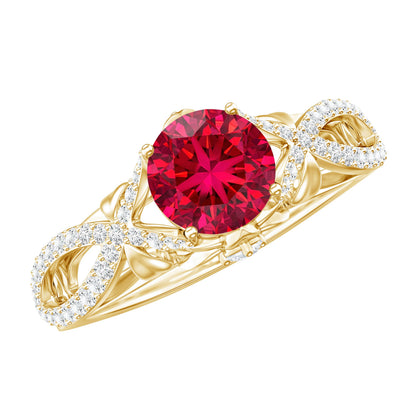 Classic Created Ruby and Diamond Crossover Engagement Ring with Diamond