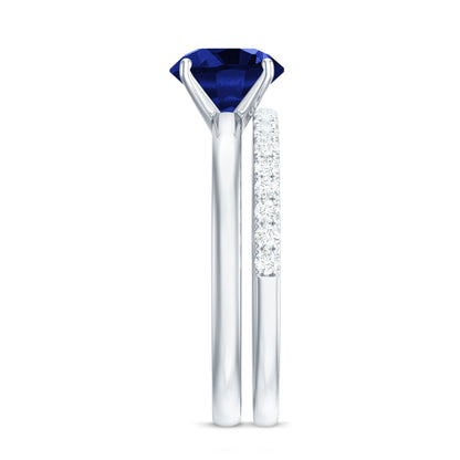 2.7 Carat Round Shape Lab Created Blue Sapphire Solitaire Wedding Ring Set with Diamond Band