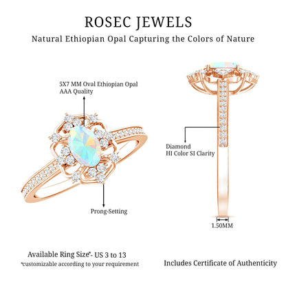 Natural Oval Ethiopian Rainbow Opal Vintage Looking Engagement Ring with Diamond