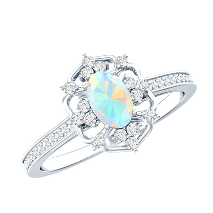 Natural Oval Ethiopian Rainbow Opal Vintage Looking Engagement Ring with Diamond